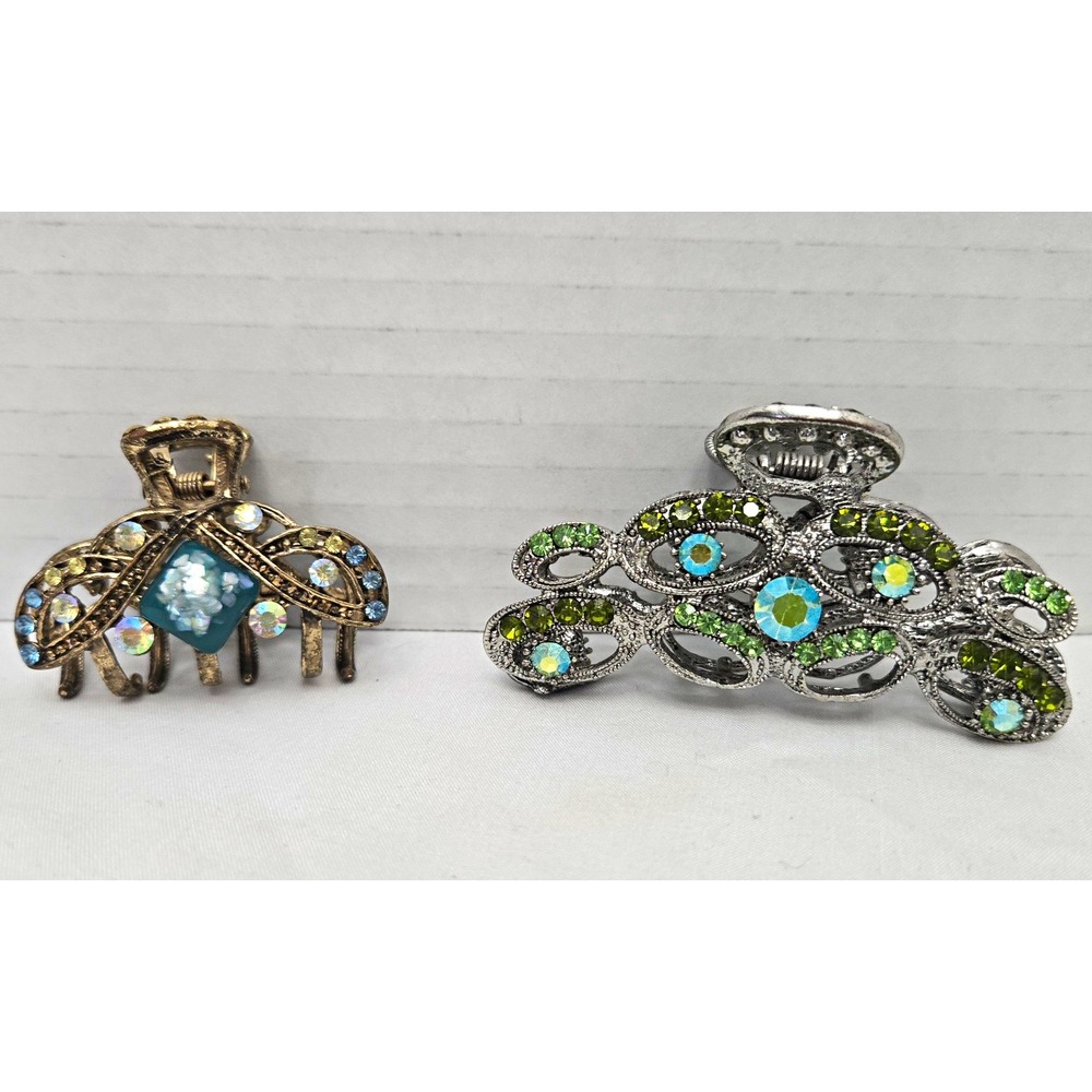 Vtg Rhinestone Hair Claw Clip Lot of 2 Antique Bronze & Silver Filigree Crystal